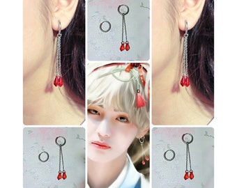 BTS V-Kim Taehyung Inspired Red Dangle Drop Hoop Earrings. Taehyung Style Earrings. Red Crystal Dangle Earrings