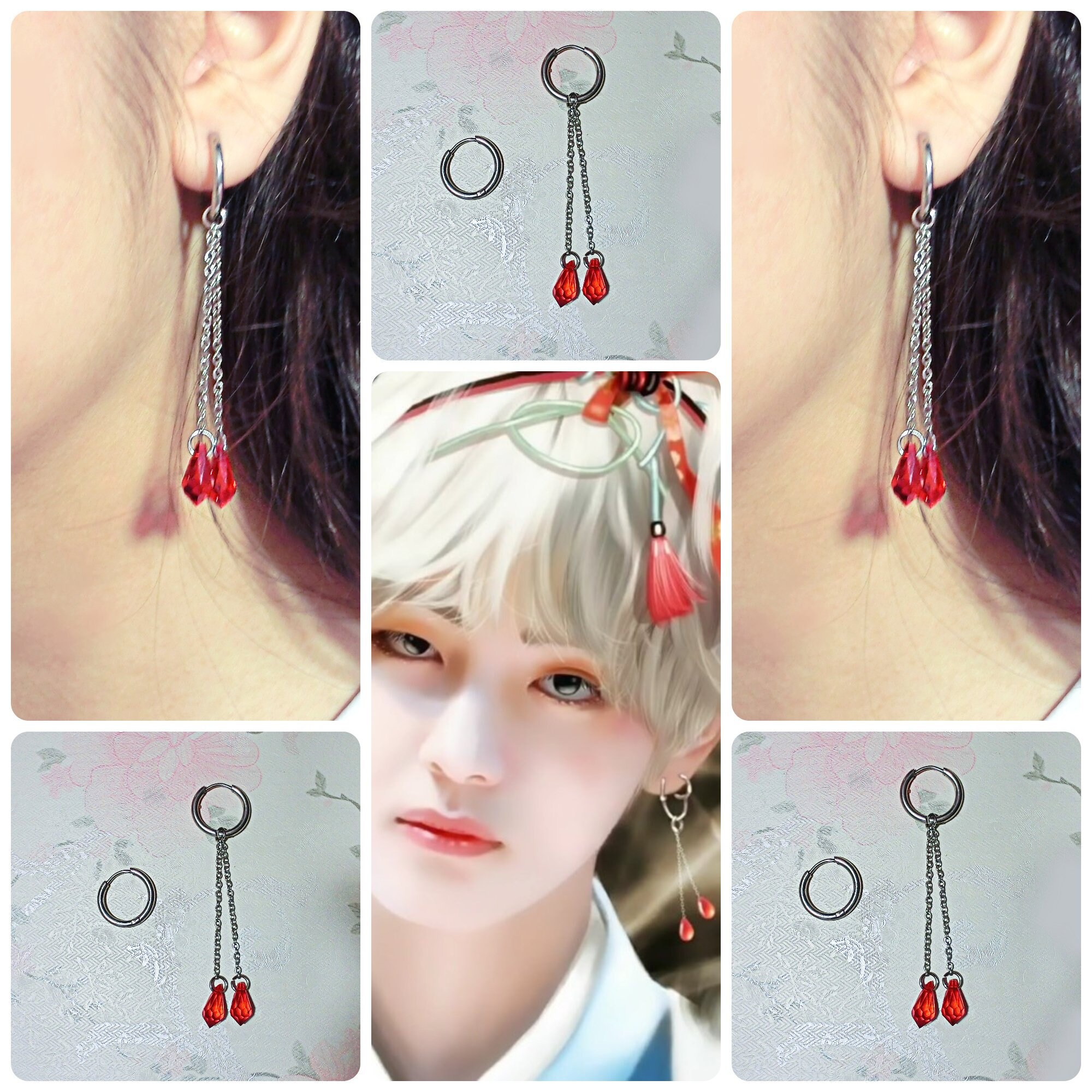 BTS V-kim Taehyung Inspired Red Dangle Drop Hoop Earrings