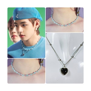 BTS V Inspired Blue Aquamarine Beads Necklace. Kim Taehyung Changes Mood Heart Necklace.  Natural Stone Blue Aquamarines Beads Necklace.