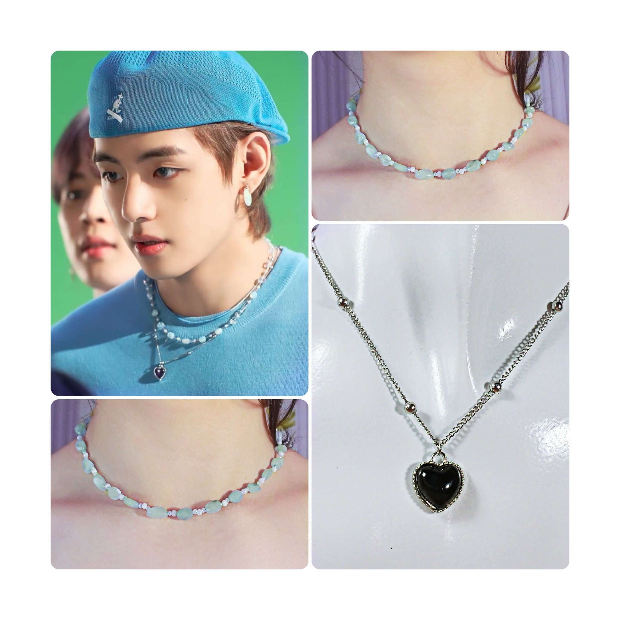 BTS V Inspired Blue Aquamarine Beads Necklace. Kim Taehyung