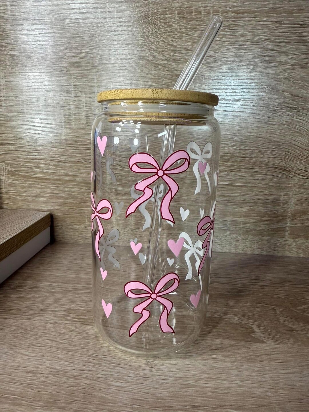 Pink Bow and Hearts, Custom 16 Oz Glass Can Libbey Cup With a Bamboo ...
