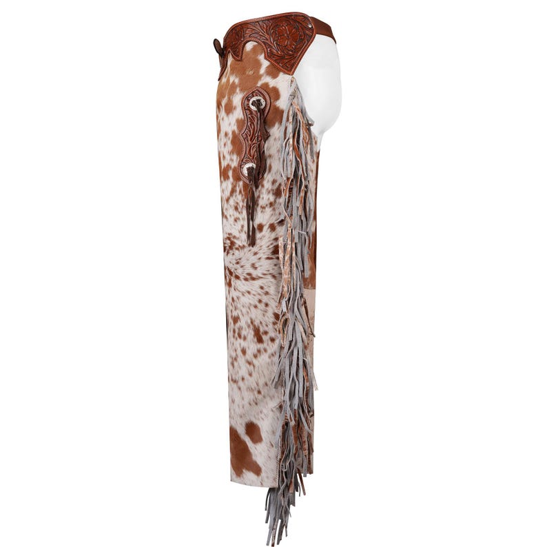 Cowhide Leather Fringe Chaps | Hand-Tooled Hair-on-Hide Western Rodeo Pants | Floral Carved Horse Show Outfit image 6