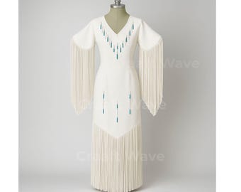 Handmade White Suede Fringe Wedding Dress | Native-Inspired Beaded Maxi | Western Powwow-Regalia Tribal Festival Gown