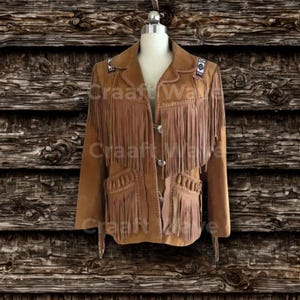 Chaqueta vaquera de piel de ante con cuentas y flecos para mujer, elegante abrigo con flecos para un look de vaquera clásica, chaqueta de diseño bohemio