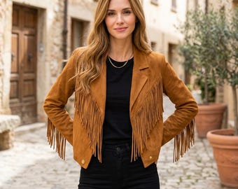 Veste en cuir suédé marron clair à franges | manteau bohème cow-girl western vintage | Vêtements d'extérieur pour femmes d'inspiration autochtone