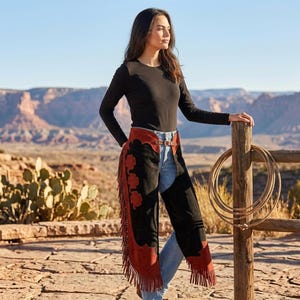 Western Suede Fringe Chaps | Cowgirl Horse-Riding Pants | Custom Rodeo Festival Wear | Floral Equestrian Gear image 1
