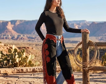 Western Suede Fringe Chaps | Cowgirl Horse-Riding Pants | Custom Rodeo Festival Wear | Floral Equestrian Gear