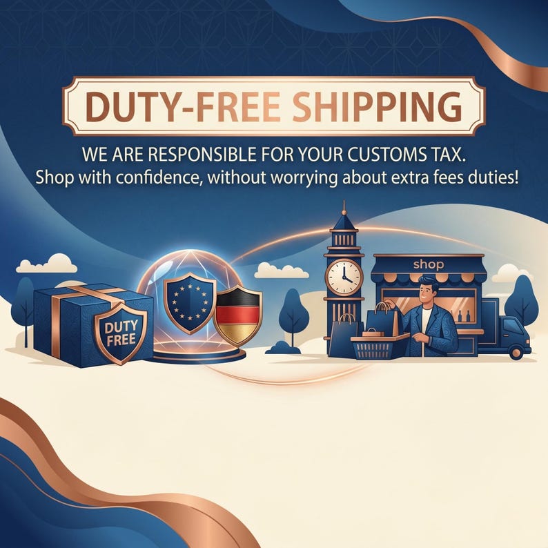 May include: A graphic illustration featuring the text DUTY-FREE SHIPPING, WE ARE RESPONSIBLE FOR YOUR CUSTOMS TAX. Shop with confidence, without worrying about extra fees duties! It shows a blue gift box, a glass dome, a clock tower, and a shop.