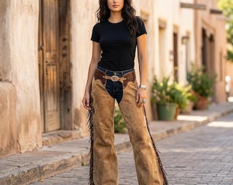 Handmade Suede Leather Chaps | Western Fringed Riding Pants | Cowgirl Rodeo Gear