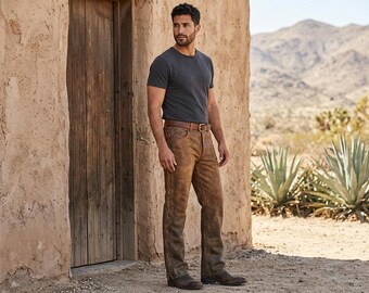 Men's Leather Cowboy Side Lace-Up Pants | Handmade Distressed Brown Western Trousers | Custom Rodeo Gear
