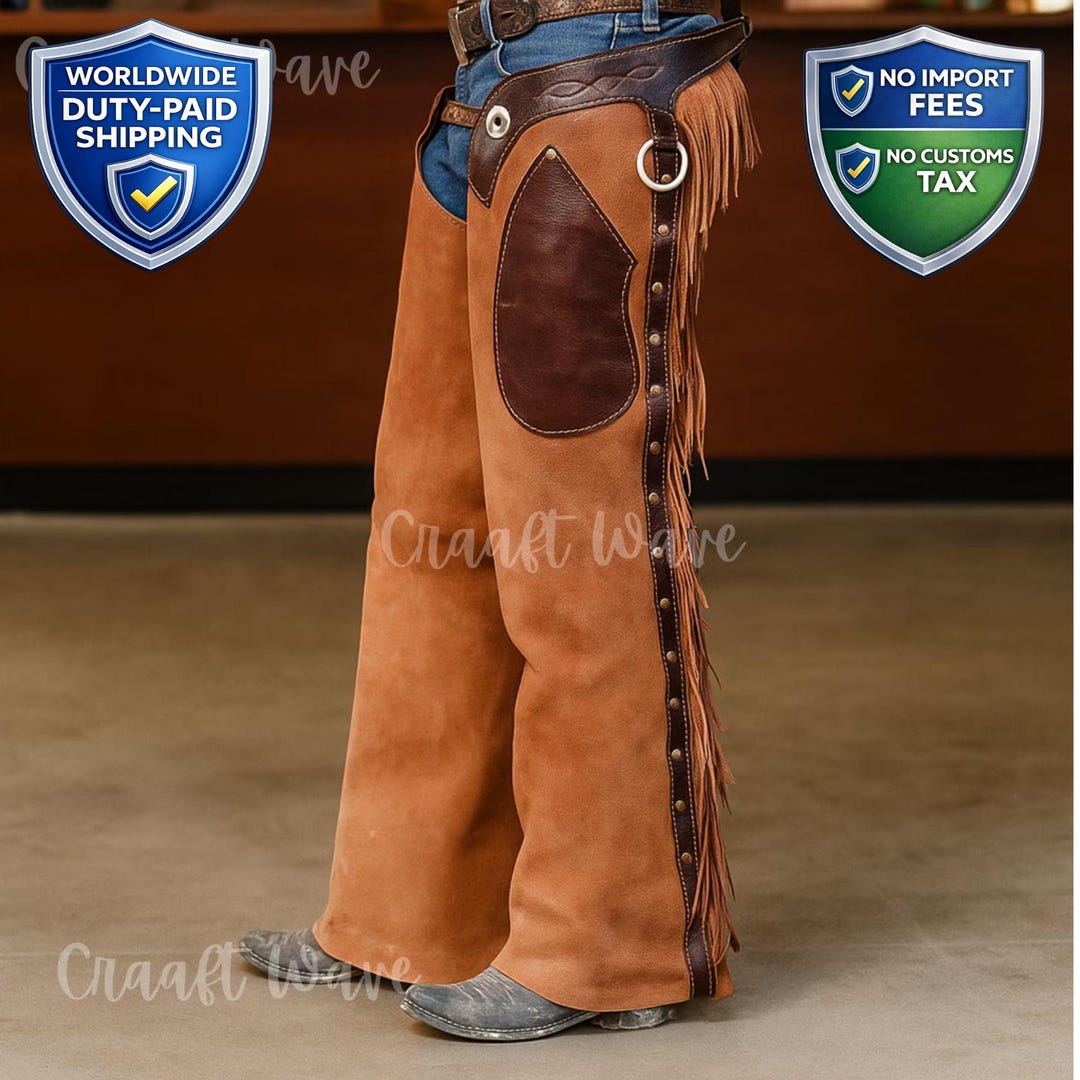 Chaps De Rodéo Cowboy En Cuir Western Fait Main, Bordure à Franges, Qualité Premium