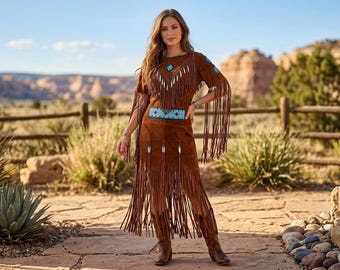 Robe western en daim faite main à franges | Robe de cérémonie perlée pour tenue de cérémonie amérindienne | Maxi festival tribal traditionnel indigène