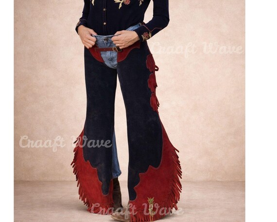 Handmade Suede Leather Western Riding Chaps | Native-Inspired Fringe Pants | Cowgirl Rodeo Festival Outfit