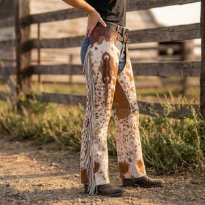 Cowhide Leather Fringe Chaps | Hand-Tooled Hair-on-Hide Western Rodeo Pants | Floral Carved Horse Show Outfit image 3