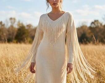 Handmade Cream Suede Fringe Dress | Native-Inspired Women Powwow-Regalia | Western Cowgirl Tassel Wedding Gown