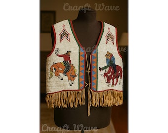 Handmade Beaded Powwow-Regalia Vest | Native-American Tribal Fringe Waistcoat | Cowboy Cultural Rodeo Festival Outfit
