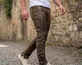 Men's Distressed Brown Leather Side Lace-Up Pants | Handmade Cowboy Western Trousers | Custom Rodeo Gear