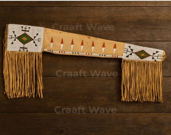 Fourreau de fusil perlé fait main d'inspiration autochtone | Housse pour pistolet en cuir suédé Sioux | Mallette d'armes western à cheval