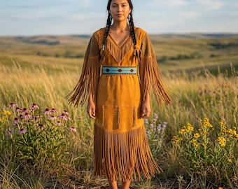 Handmade Tan Suede Fringe Dress | Native-American Beaded Powwow Regalia | Western Cowgirl Tribal Festival Wear