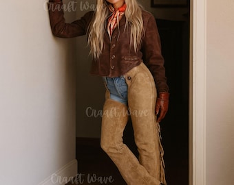 Damskie, ręcznie robione, zamszowe, kowbojskie czapsy | Spodnie jeździeckie w stylu western z frędzlami | Styl rodeo