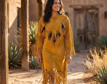 Western Women Suede Fringe Dress | Native-Inspired Beaded Powwow-Regalia  Gown | Cowgirl Tribal Lakota Outfit