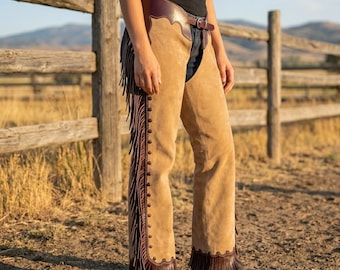 Handmade Women's Suede Fringe Chaps | Western Cowgirl Riding Gear | Custom Ranch & Rodeo Style Gear