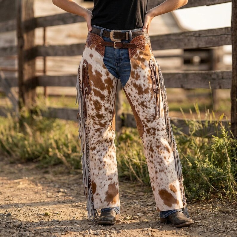 Cowhide Leather Fringe Chaps | Hand-Tooled Hair-on-Hide Western Rodeo Pants | Floral Carved Horse Show Outfit image 8
