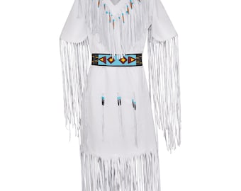 White Suede Fringe Western Wedding Dress | Native-Inspired Beaded Women Powwow-Regalia | Cowgirl Tribal Festival Outfit