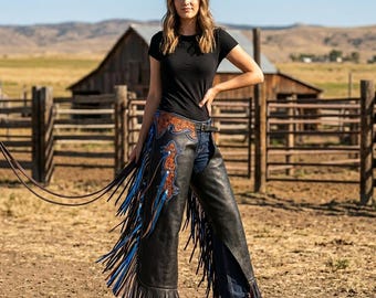 Handmade Tooled Leather Fringe Chaps | Cowboy Floral Carved Rodeo Pants | Native Horse Show Leggings