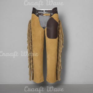 Western Suede Chaps z frędzlami | Ręcznie robione kowbojskie spodnie rodeo | Odzież robocza na ranczo | Spodnie jeździeckie na zamówienie
