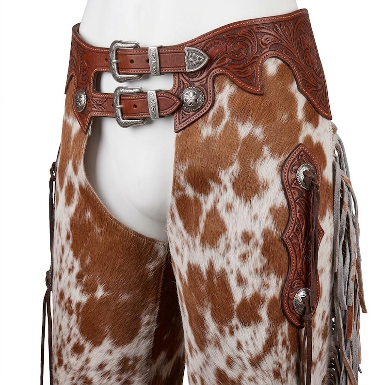 Cowhide Leather Fringe Chaps | Hand-Tooled Hair-on-Hide Western Rodeo Pants | Floral Carved Horse Show Outfit image 7