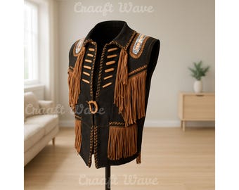 メンズ ウエスタン スエードレザー フリンジベスト ネイティブビーズ
