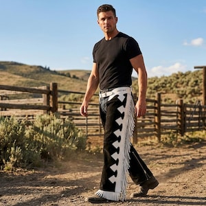 Chaparreras de gamuza estilo western personalizadas con flecos / Ropa de rodeo ecuestre en blanco y negro / Ropa vaquera