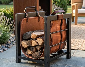 Handmade Leather Firewood Carrier | Fireplace & Fire-Pit Rustic Log Tote Bag | Indoor Wood Sling Bag