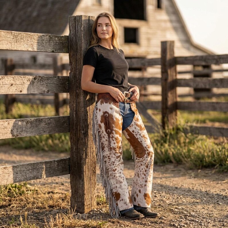 Cowhide Leather Fringe Chaps | Hand-Tooled Hair-on-Hide Western Rodeo Pants | Floral Carved Horse Show Outfit image 4