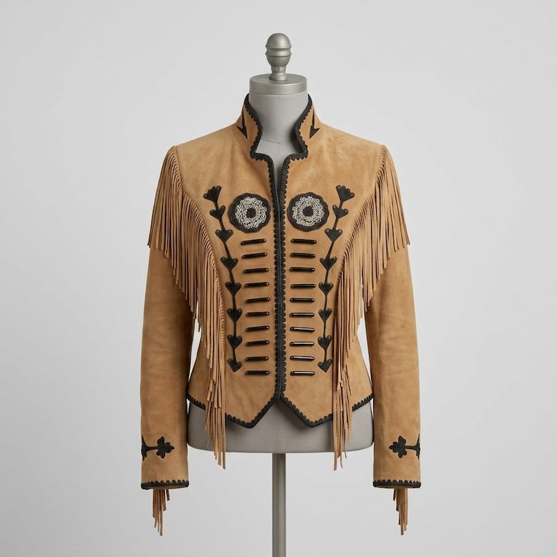 May include: A tan suede jacket featuring long fringe detailing along the chest and sleeves. The garment is accented with black embroidery, circular beaded patterns, and horizontal black trim along the front opening and cuffs.