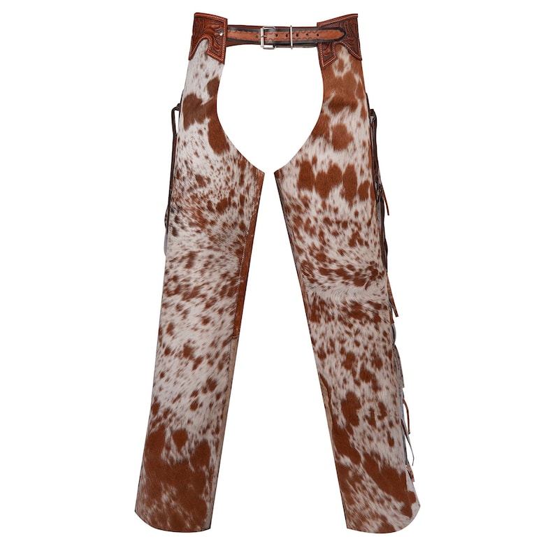 Cowhide Leather Fringe Chaps | Hand-Tooled Hair-on-Hide Western Rodeo Pants | Floral Carved Horse Show Outfit image 1