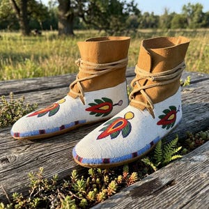 May include: A pair of tan suede ankle boots featuring white beaded vamps with colorful floral patterns in red, yellow, green, and blue. The boots have a lace-up closure with tan suede ties and a blue and red beaded border along the sole edge.