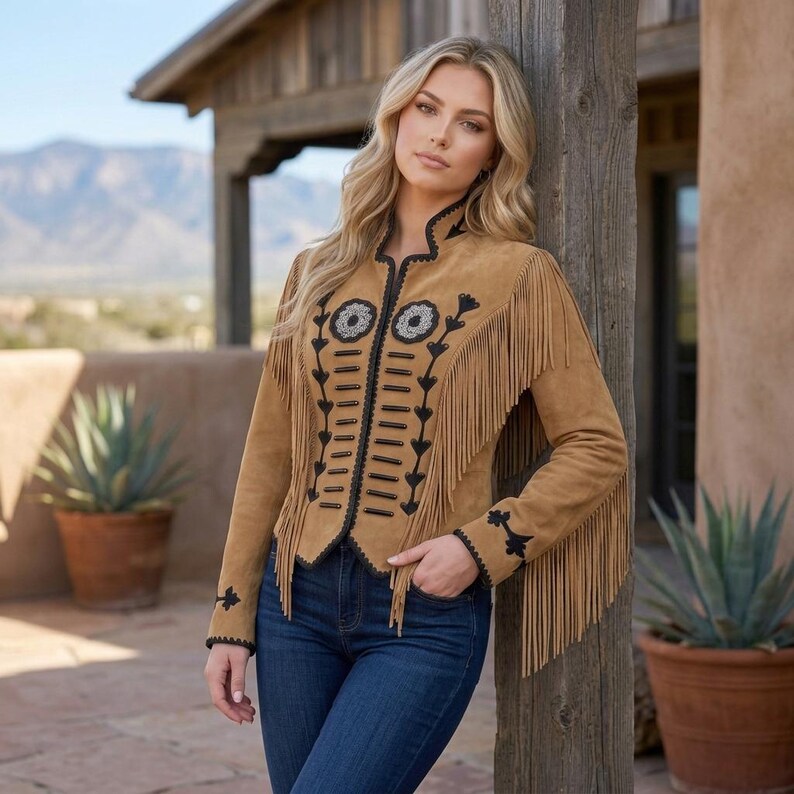 May include: A tan suede jacket featuring long fringe detailing on the chest and sleeves. The jacket is adorned with black embroidered floral patterns and horizontal black trim accents along the front closure, paired with dark blue denim jeans.