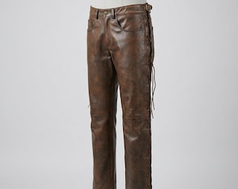 Men's Leather Cowboy Side Lace-Up Pants | Handmade Distressed Brown Western Trousers | Custom Rodeo Gear