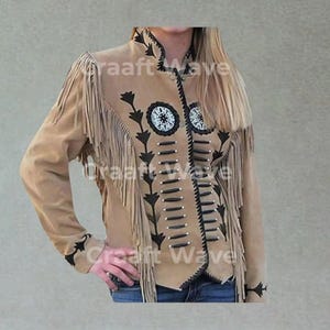Women&#39;s Beige Suede Leather Jacket with Fringe, Beaded & Embroidered Tassels, Vintage Western Style Leather Jacket,