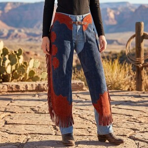 Western Suede Fringe Chaps | Cowgirl Horse-Riding Pants | Custom Rodeo Festival Wear | Floral Equestrian Gear image 4