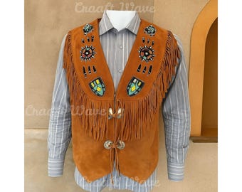 Gilet western fait main en cuir suédé pour homme | Gilet de cow-boy à franges et perles | Festival style rodéo rustique