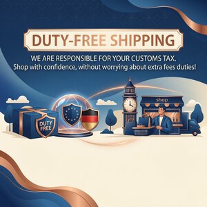 May include: An illustration with the text "DUTY-FREE SHIPPING". The image features a blue gift box, shields with European and German flags, a clock tower, and a shop with a person holding shopping bags. The background is a gradient of blues and golds.