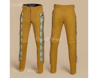 Pantalon à franges en daim western pour hommes | Pantalon d'inspiration autochtone en cuir perlé | Tenue de rodéo bohème faite main à pampilles