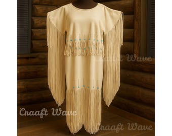 May include: A beige dress featuring long, flowing fringe along the sleeves and a tiered fringe section across the midsection. The garment is accented with small, light blue beads integrated into the fringe detailing at the chest and lower skirt.