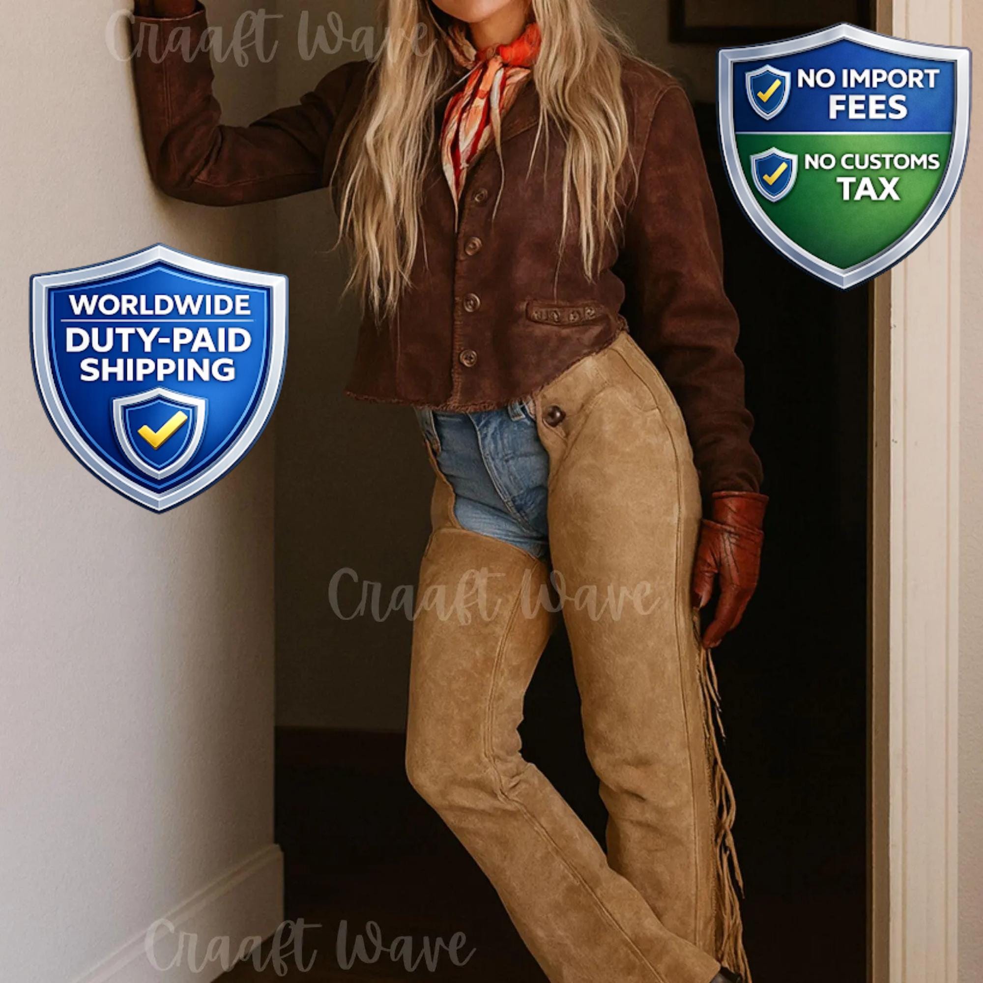 Veste de plaisir occidentale et chaps pour femmes en ultra daim (ak