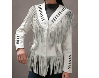 Manteau en cuir blanc fait main à franges | Veste perlée western cowgirl | Vêtements d'extérieur pour festival tribal d'inspiration bohème
