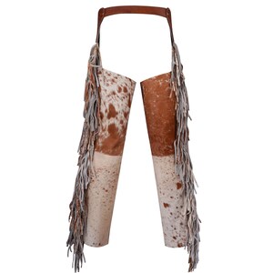 Cowhide Leather Fringe Chaps | Hand-Tooled Hair-on-Hide Western Rodeo Pants | Floral Carved Horse Show Outfit image 9