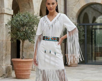 White Suede Fringe Western Wedding Dress | Native-Inspired Beaded Women Powwow-Regalia | Cowgirl Tribal Festival Outfit